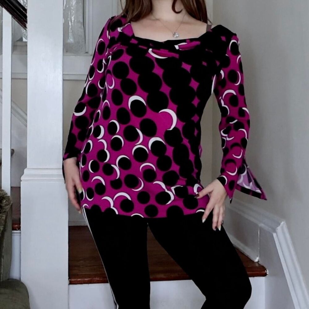 Polka Dot Black Pink White 3/4 Flare Sleeve Top Sz 8 Medium Cowl Neck Funky